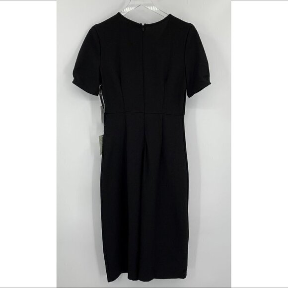 Chelsea 28 pleat sleeve black sheath shift midi dress crepe front slit new Large - Picture 5 of 6
